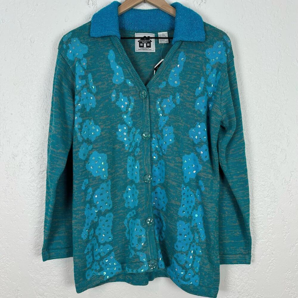 Storybook Knits Blue Sequin Button Front Collared Cardigan Sweater NWT Small